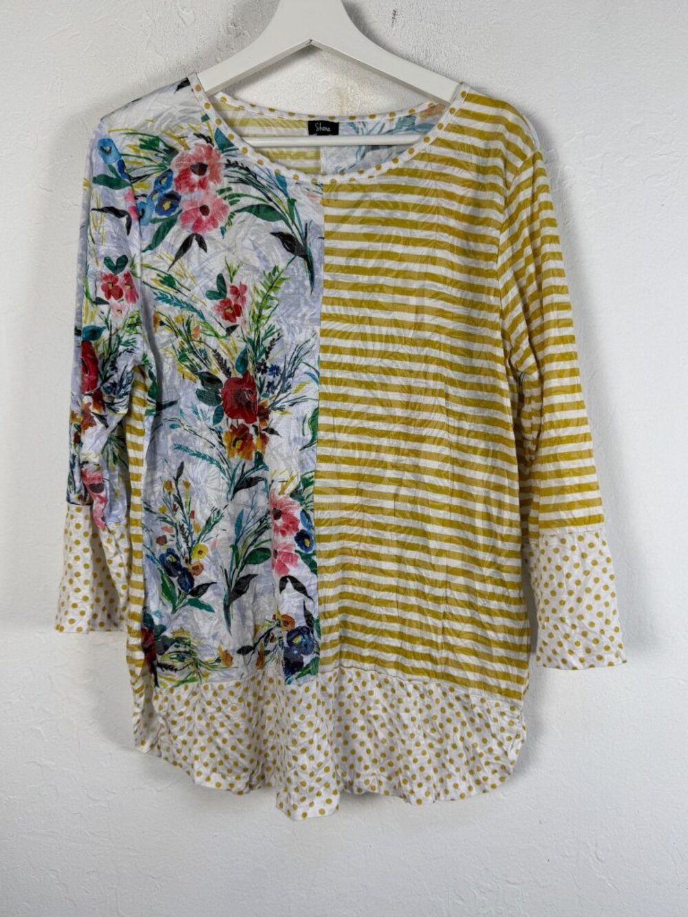 Shana Wearable Art Tunic Top Yellow Striped Floral Polka Dot Mixed Media Medium